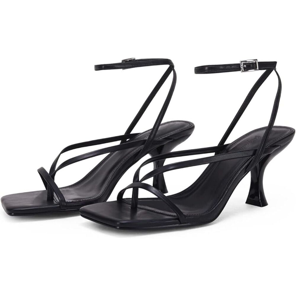Women's Black Open Toe Ankle Strappy Flip Flop High Heels Sandals Wedding Shoes